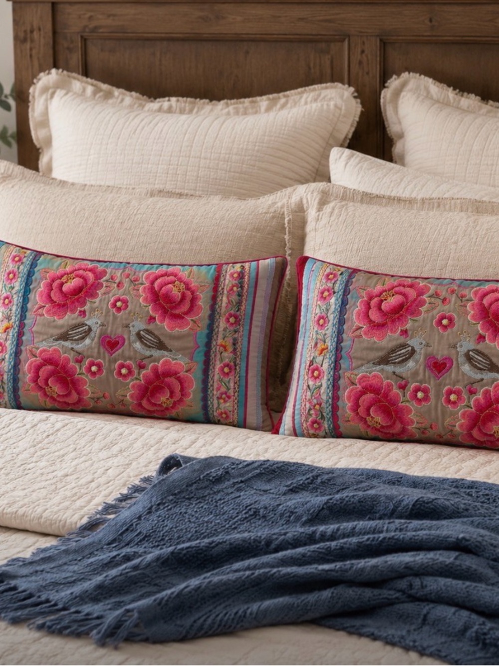 Pip Studio Embroidered Floral and bird Lumbar Pillow covers set of 2